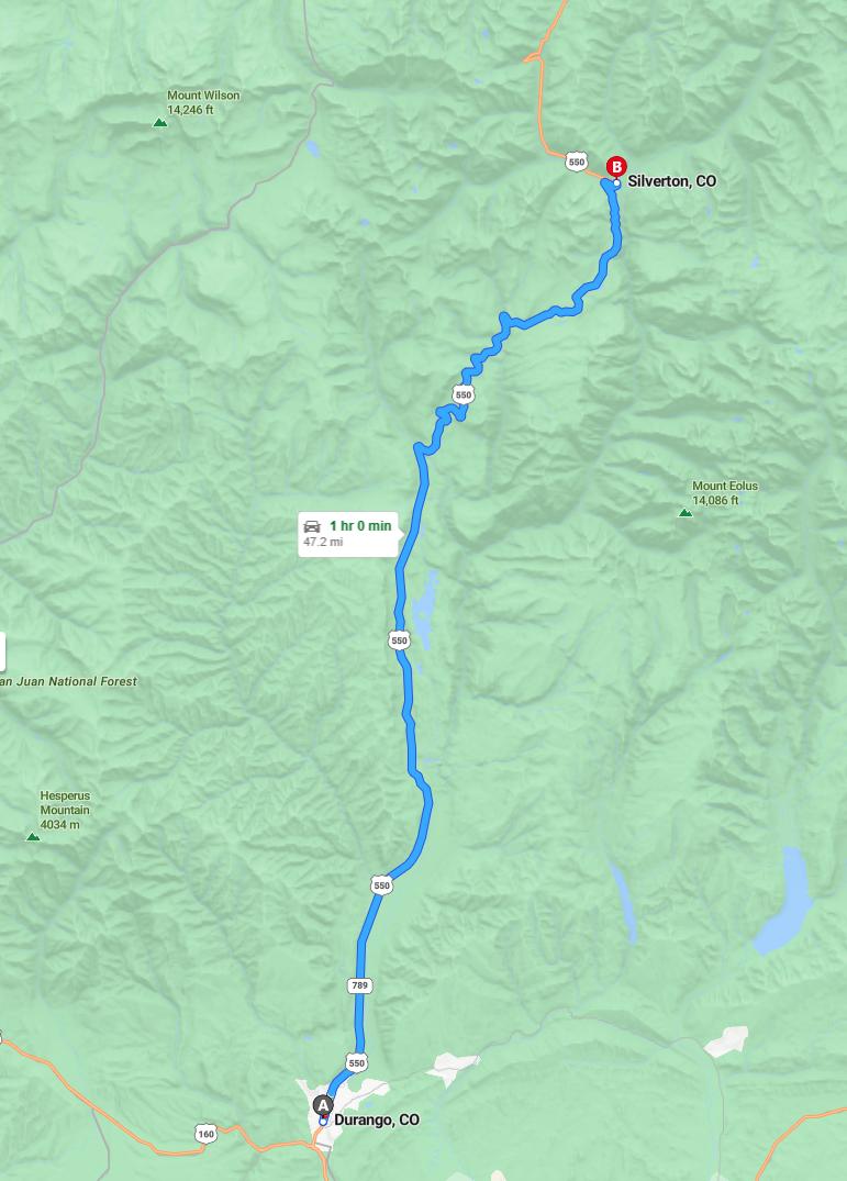 driving from Durango, Colorado to SilvertonColorado - map and route