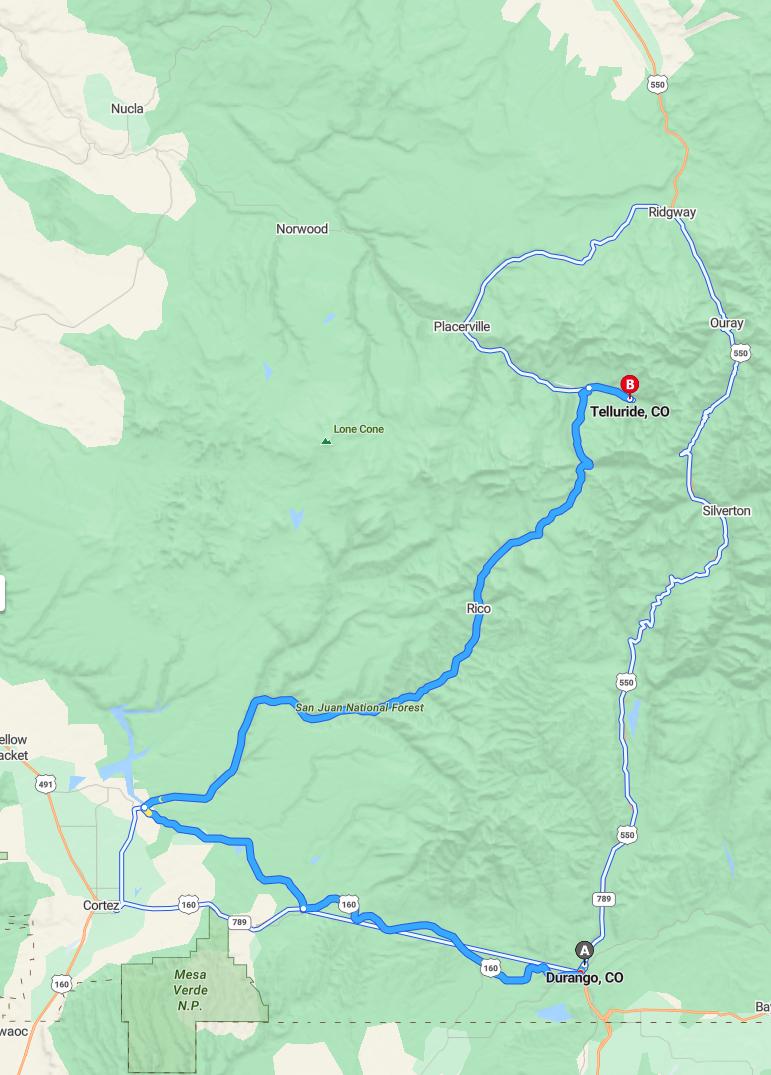 driving from Durango, Colorado to TellurideColorado - map and route