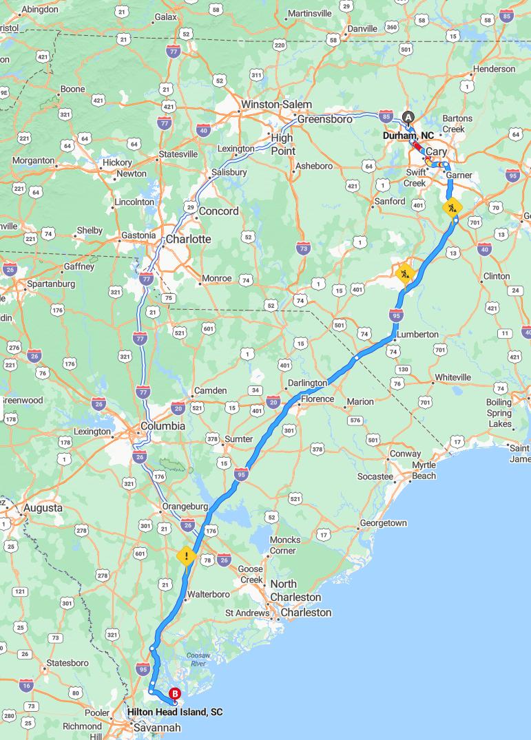 driving from Durham, North Carolina to Hilton HeadSouth Carolina - map and route