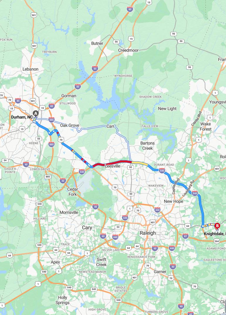 driving from Durham, North Carolina to KnightdaleNorth Carolina - map and route