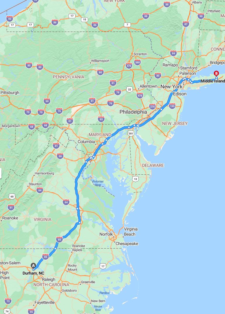 driving from Durham, North Carolina to Middle IslandNew York - map and route