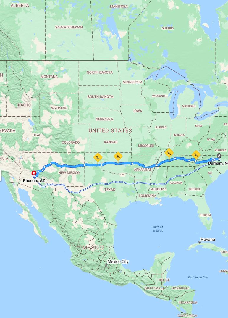 driving from Durham, North Carolina to PhoenixArizona - map and route