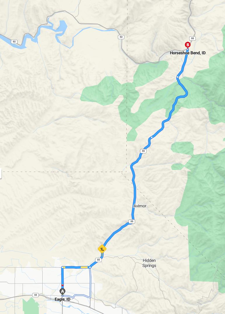 driving from Eagle, Idaho to Horseshoe BendIdaho - map and route
