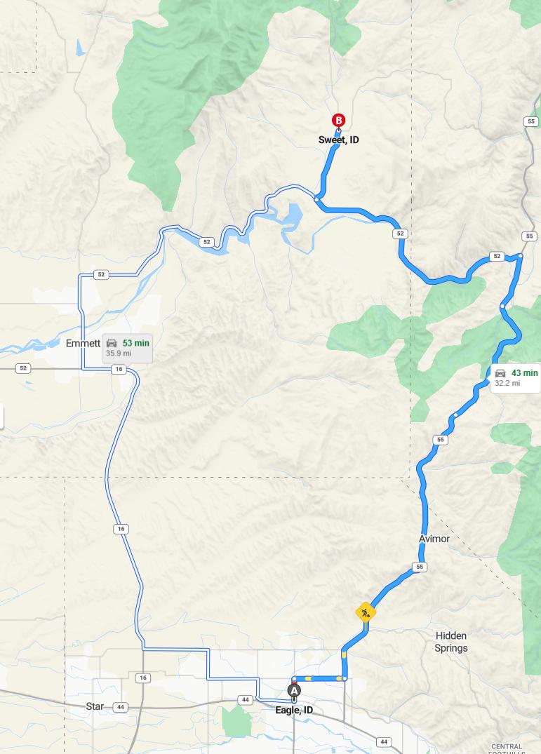 driving from Eagle, Idaho to SweetIdaho - map and route