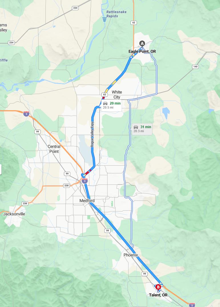 driving from Eagle Point, Oregon to TalentOregon - map and route