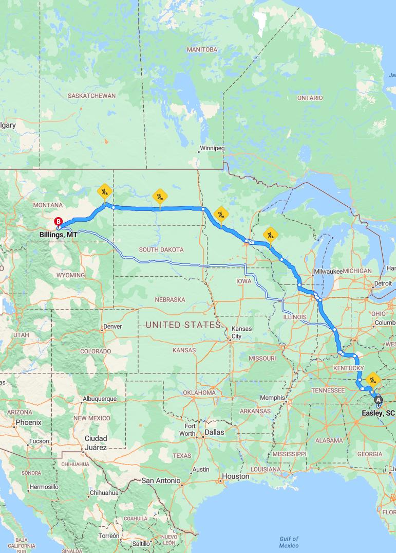 driving from Easley, South Carolina to BillingsMontana - map and route