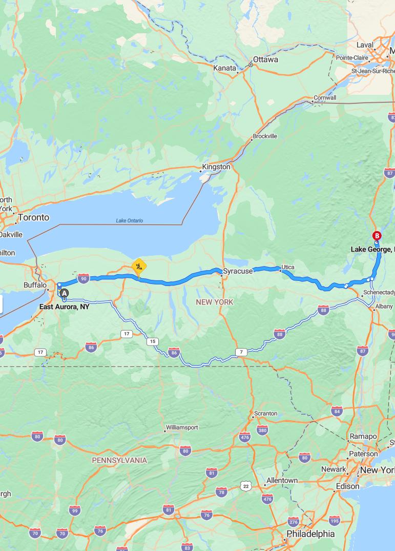 driving from East Aurora, New York to Lake GeorgeNew York - map and route
