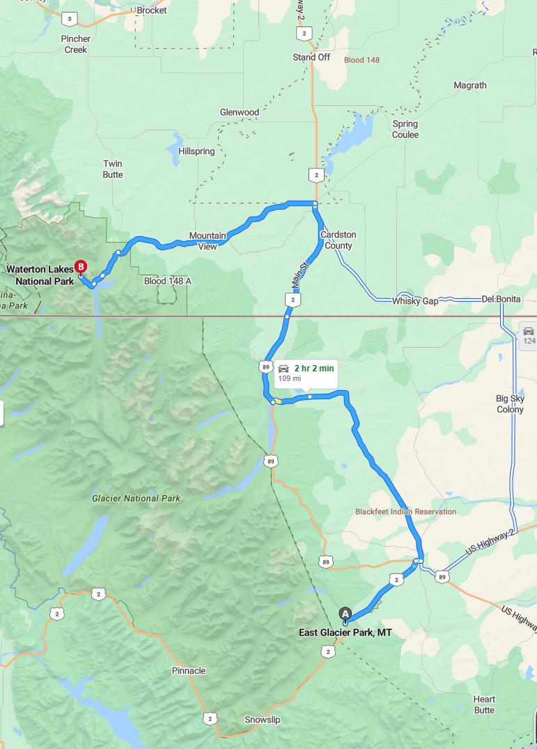 driving from East Glacier, Montana to Waterton Lakes National ParkAlberta - map and route
