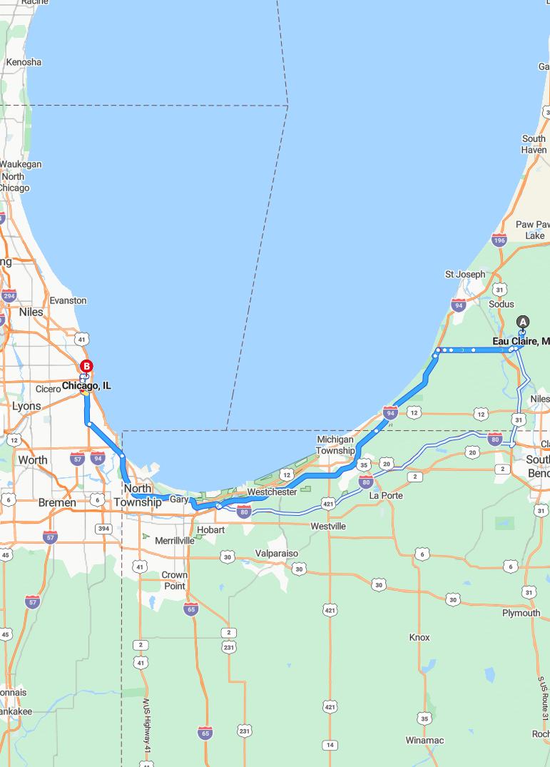 driving from Eau Claire, Michigan to ChicagoIllinois - map and route