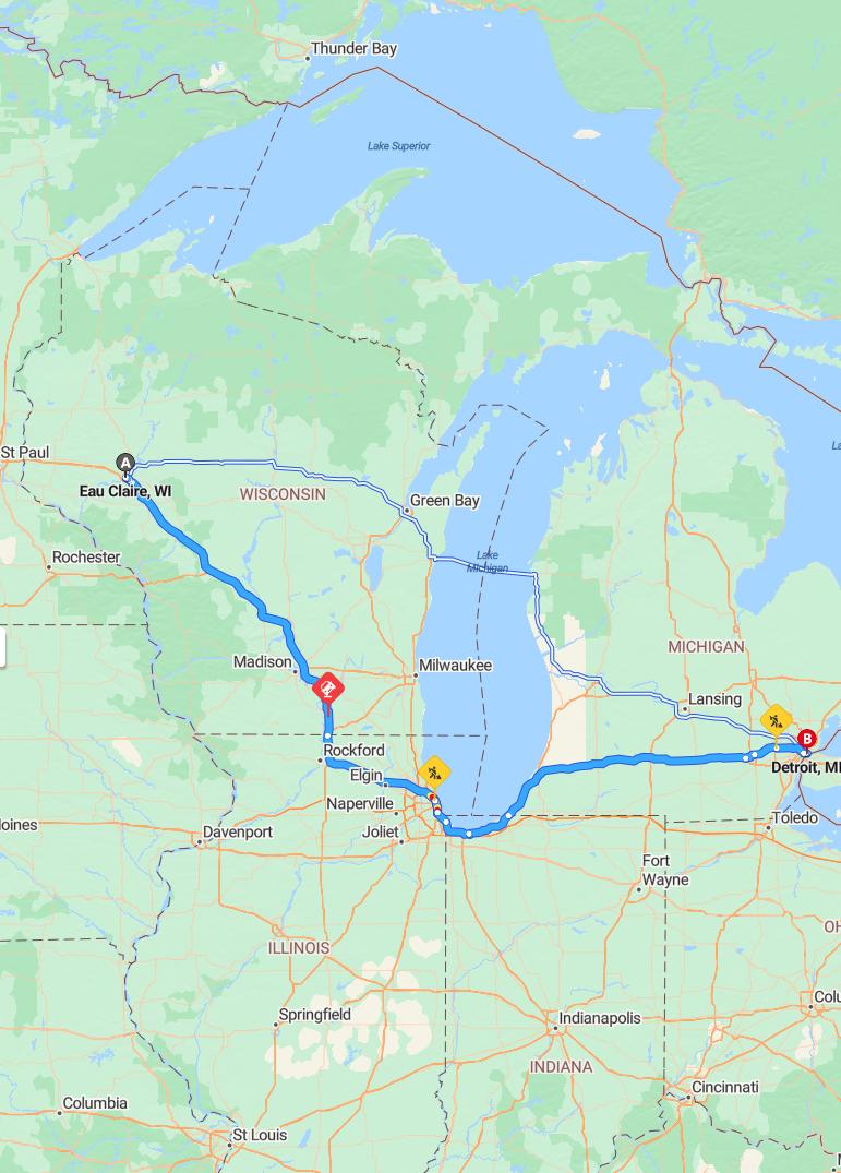 driving from Eau Claire, Wisconsin to DetroitMichigan - map and route
