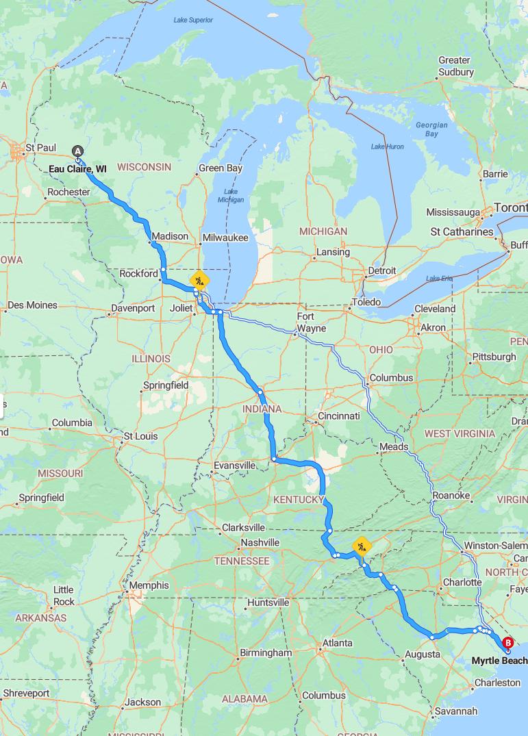 driving from Eau Claire, Wisconsin to Myrtle BeachSouth Carolina - map and route