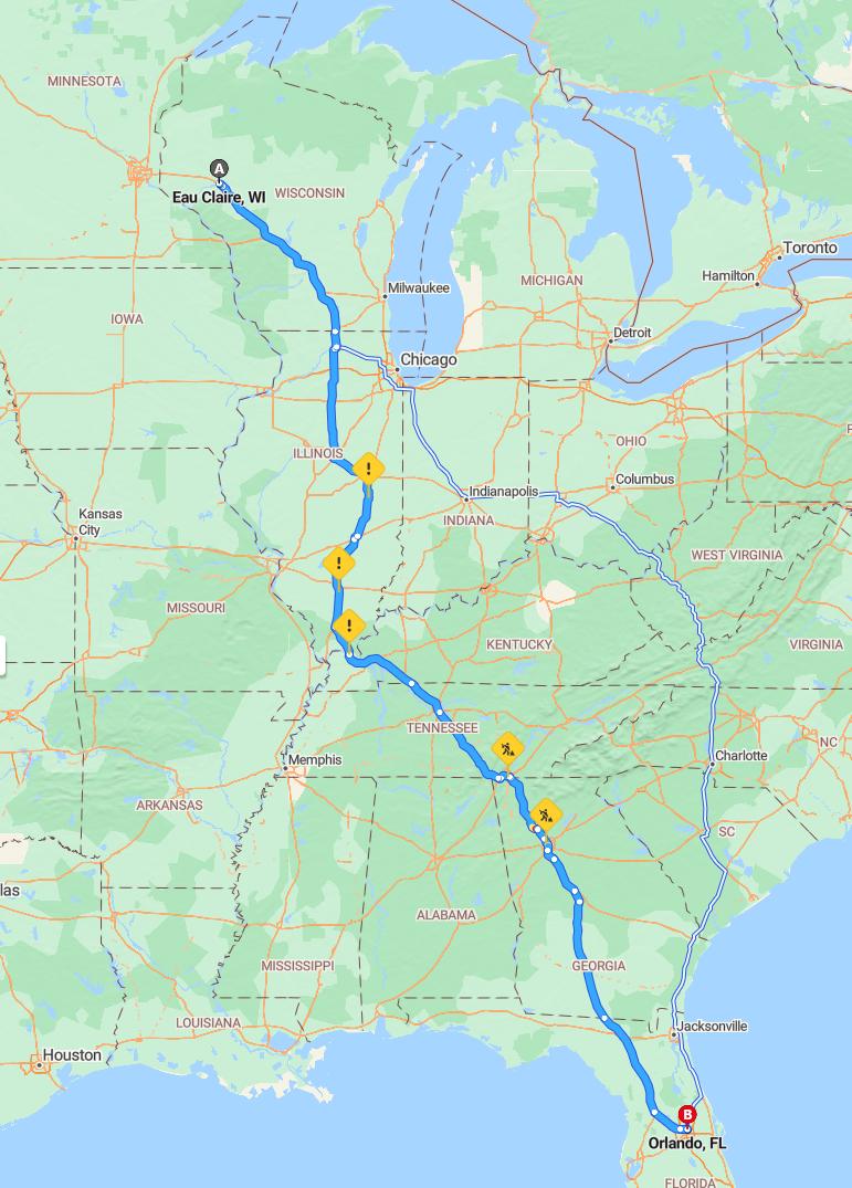 driving from Eau Claire, Wisconsin to OrlandoFlorida - map and route
