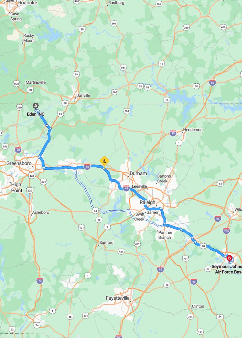 driving from Eden, North Carolina to Seymour Johnson Air Force BaseNorth Carolina - map and route