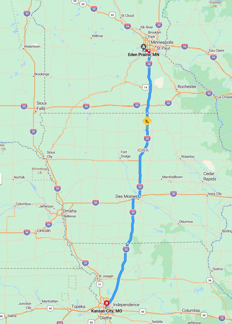 driving from Eden Prairie, Minnesota to Kansas CityMissouri - map and route