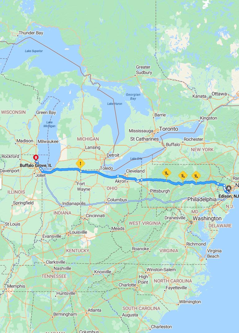 driving from Edison, New Jersey to Buffalo GroveIllinois - map and route