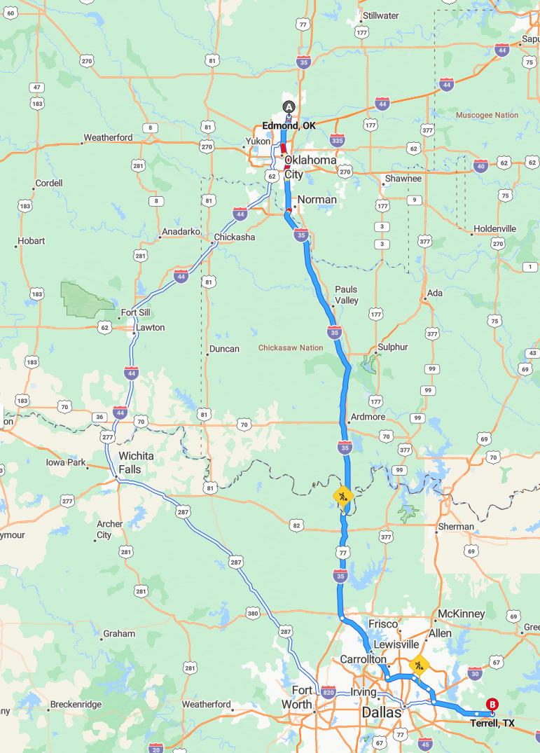 driving from Edmond, Oklahoma to TerrellTexas - map and route