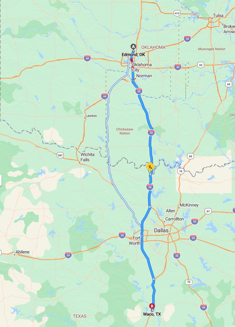 driving from Edmond, Oklahoma to WacoTexas - map and route