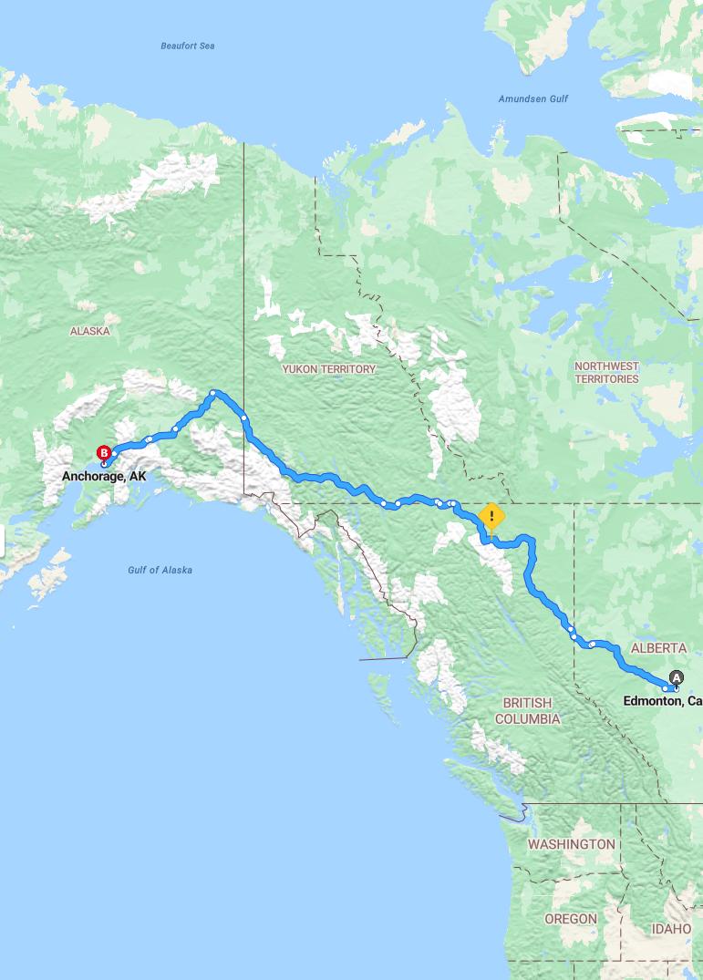 driving from Edmonton, Alberta to AnchorageAlaska - map and route