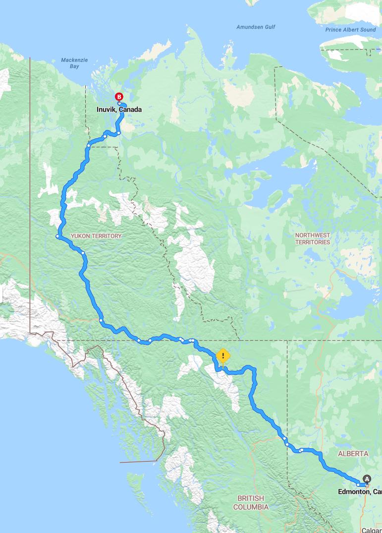 driving from Edmonton, Alberta to InuvikNorthwest Territories - map and route