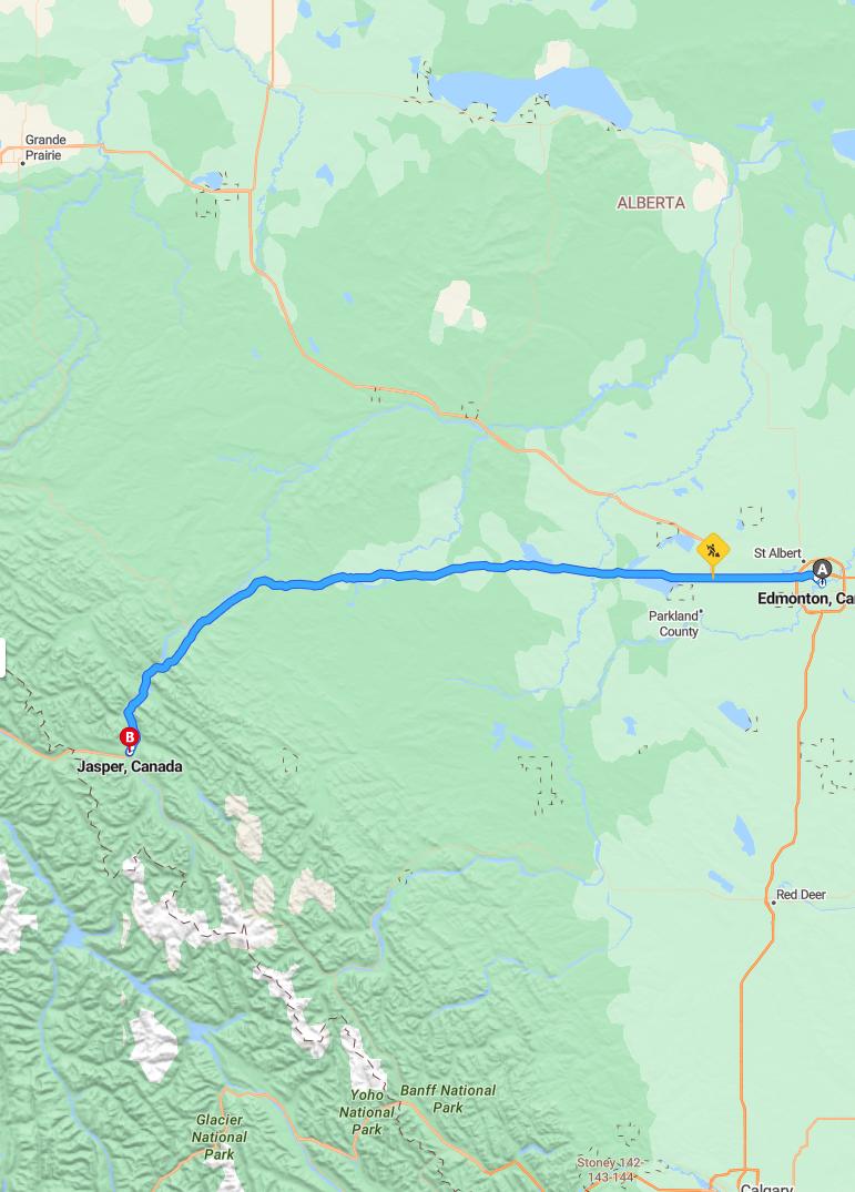 driving from Edmonton, Alberta to JasperAlberta - map and route