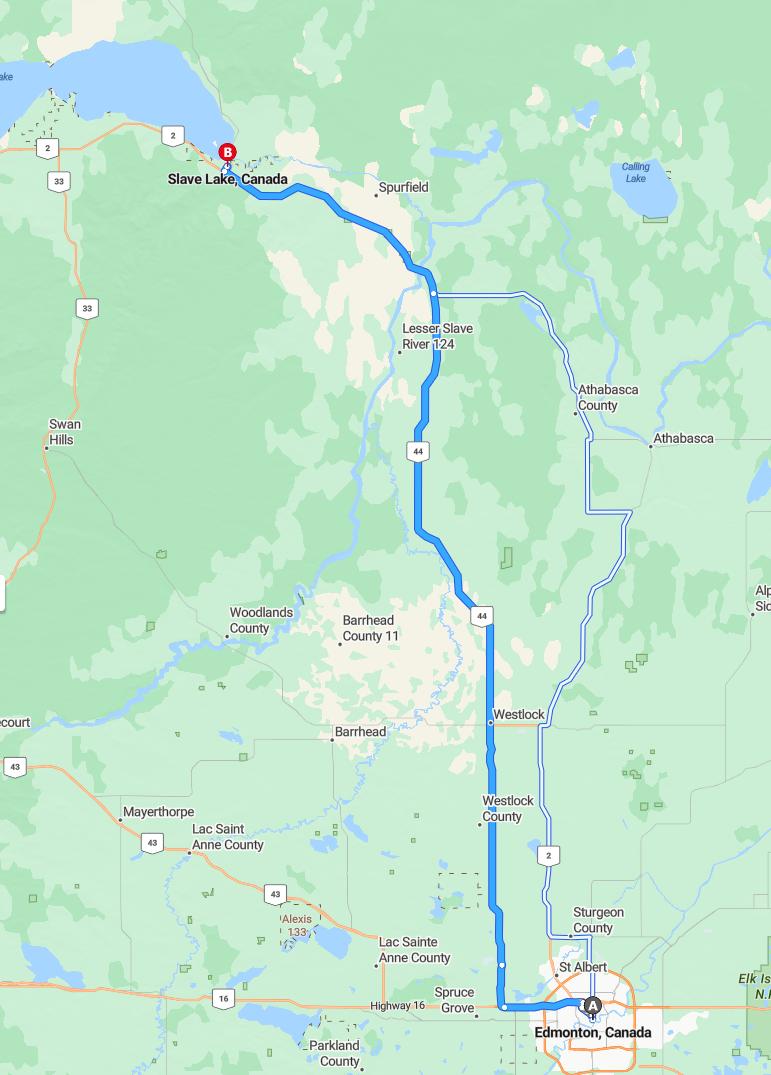 driving from Edmonton, Alberta to Slave LakeAlberta - map and route