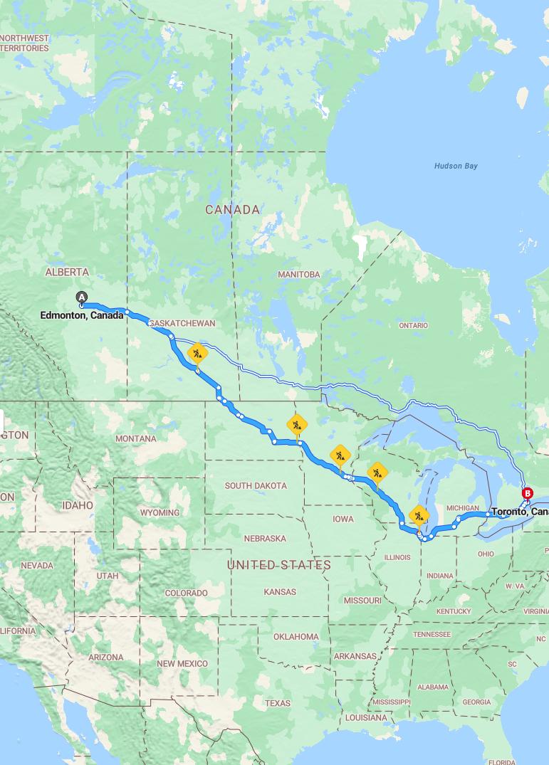 driving from Edmonton, Alberta to TorontoOntario - map and route
