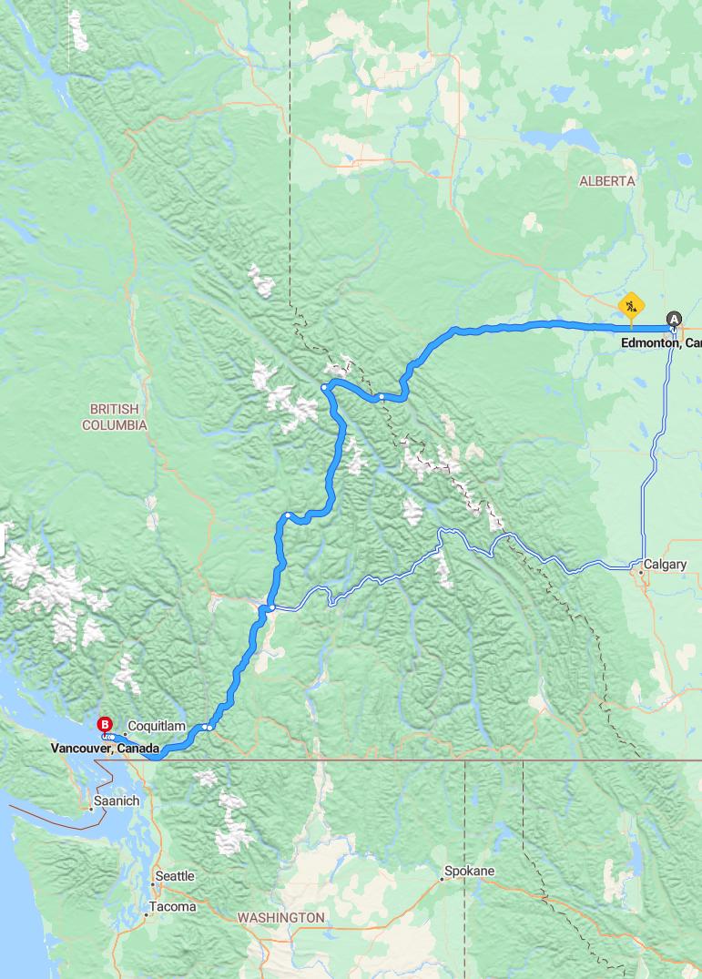 driving from Edmonton, Alberta to VancouverBritish Columbia - map and route