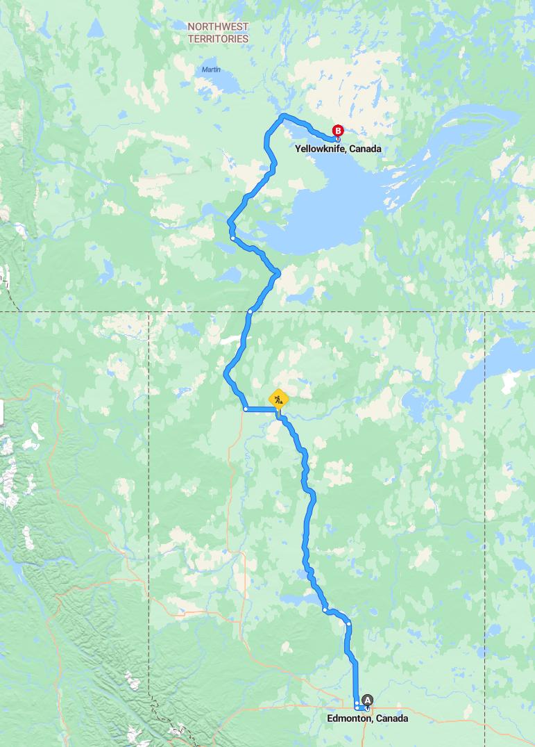 driving from Edmonton, Alberta to YellowknifeNorthwest Territories - map and route