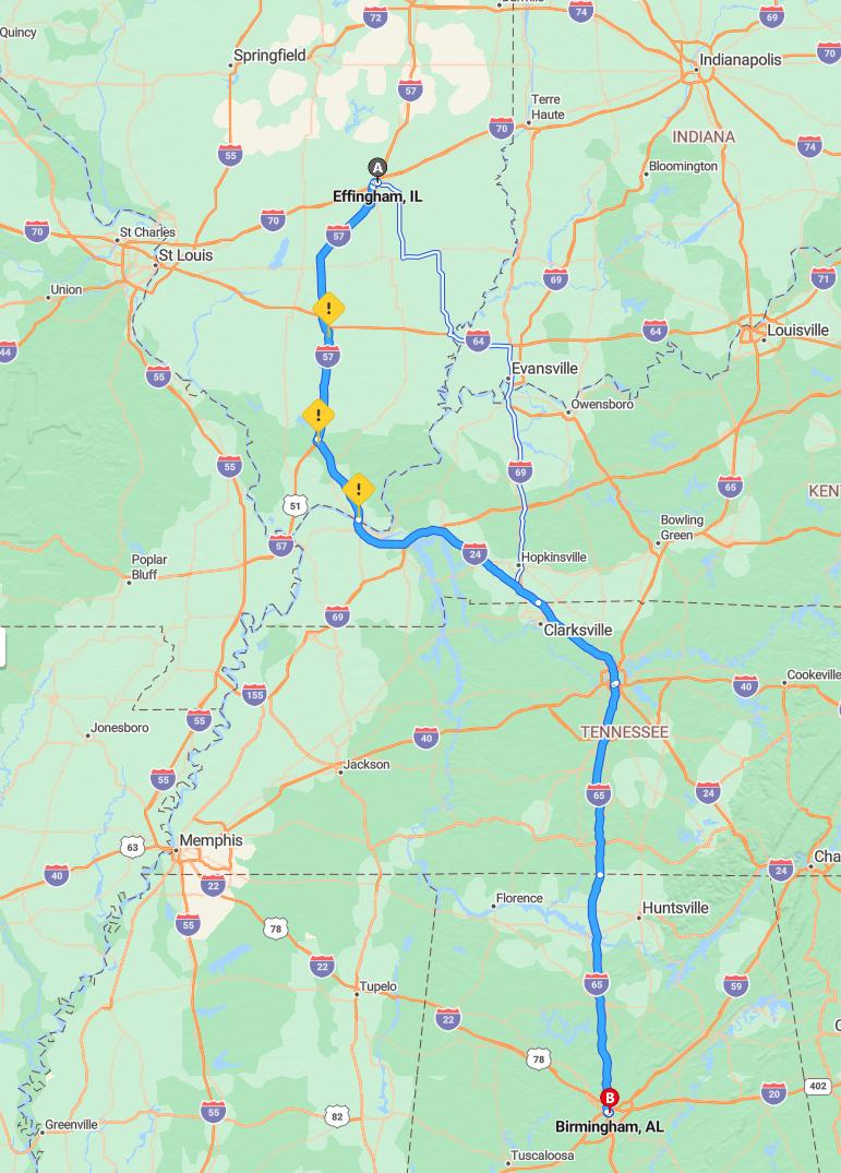 driving from Effingham, Illinois to BirminghamAlabama - map and route