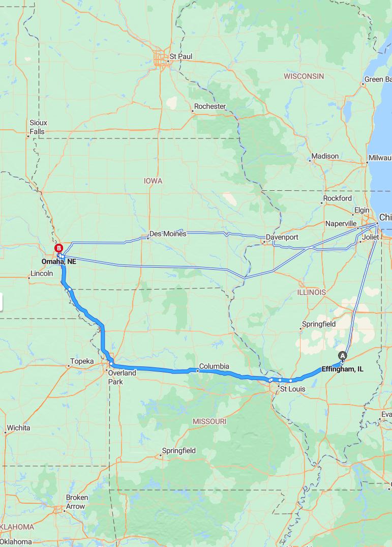 driving from Effingham, Illinois to OmahaNebraska - map and route