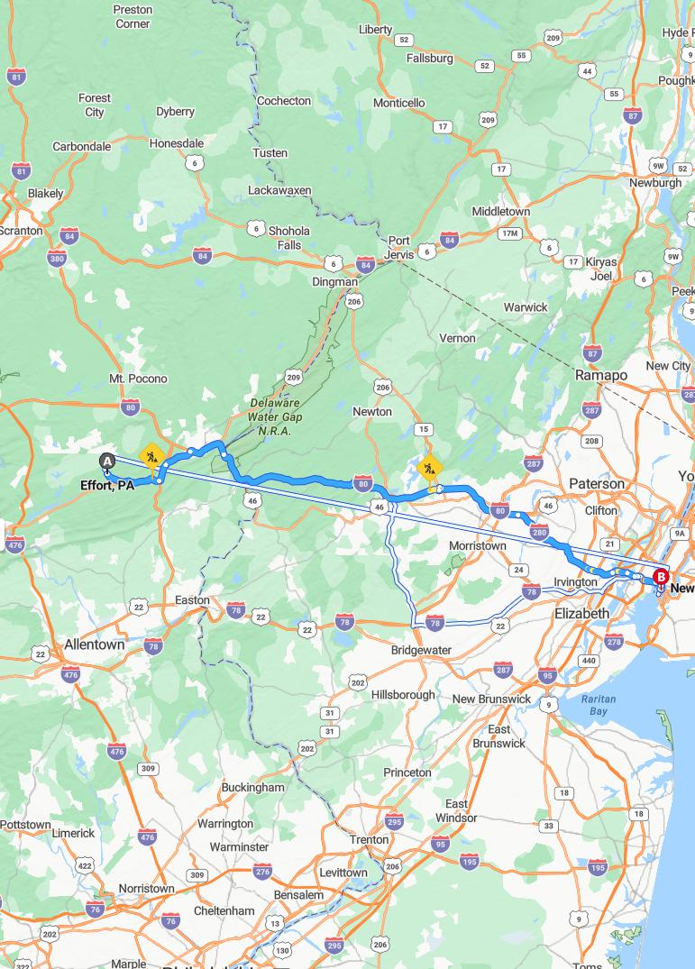 driving from Effort, Pennsylvania to New York CityNew York - map and route