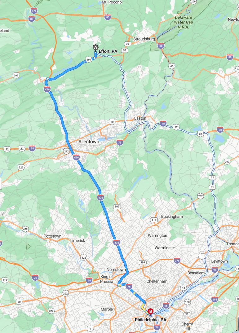 driving from Effort, Pennsylvania to PhiladelphiaPennsylvania - map and route