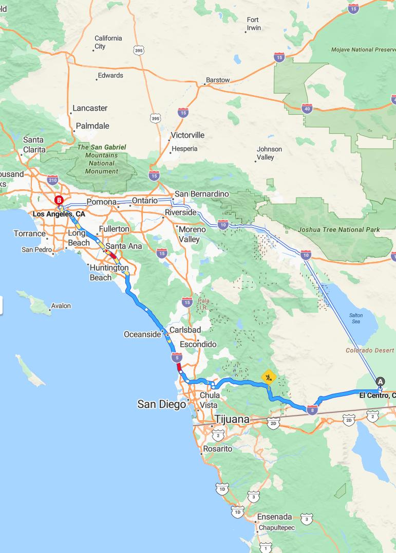 driving from El Centro, California to Los AngelesCalifornia - map and route
