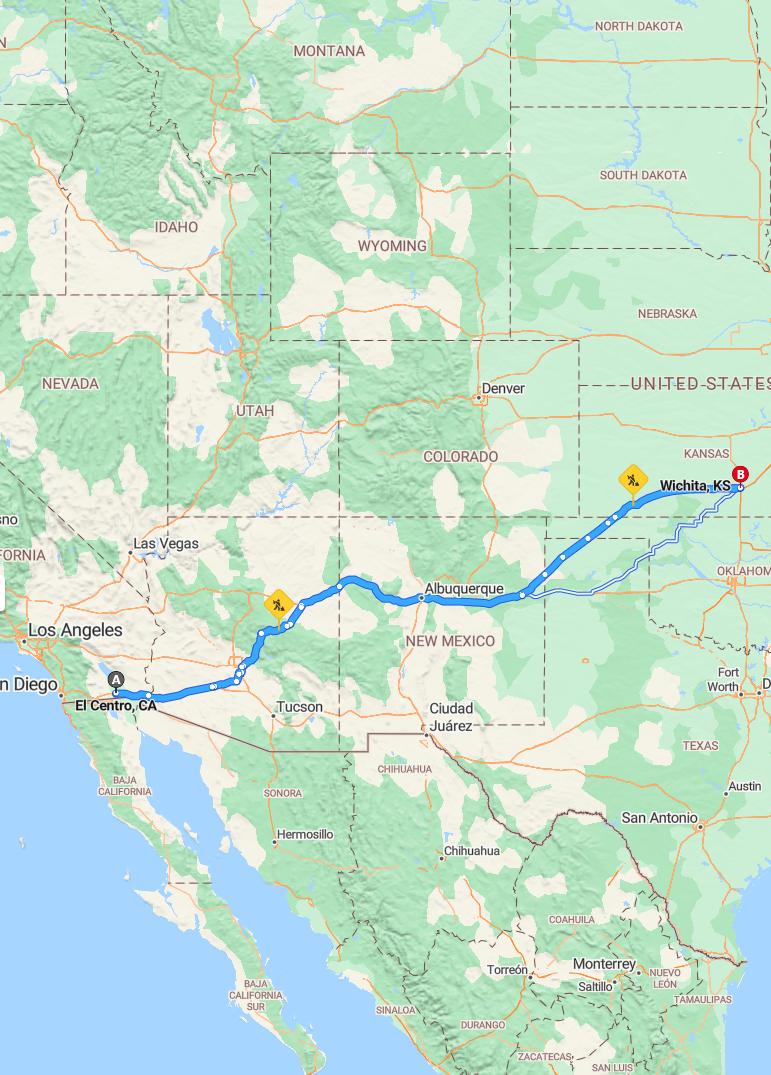 driving from El Centro, California to WichitaKansas - map and route