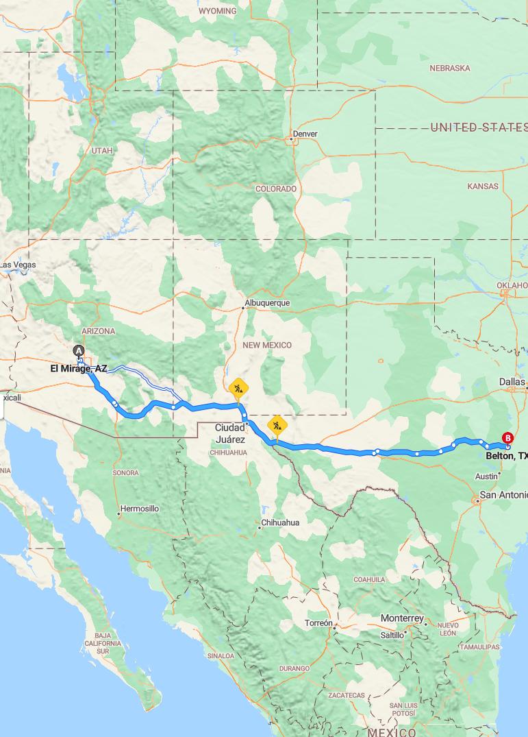 driving from El Mirage, Arizona to BeltonTexas - map and route