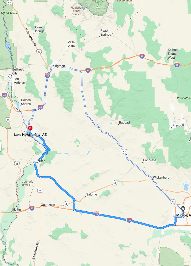 driving from El Mirage, Arizona to Lake Havasu CityArizona - map and route