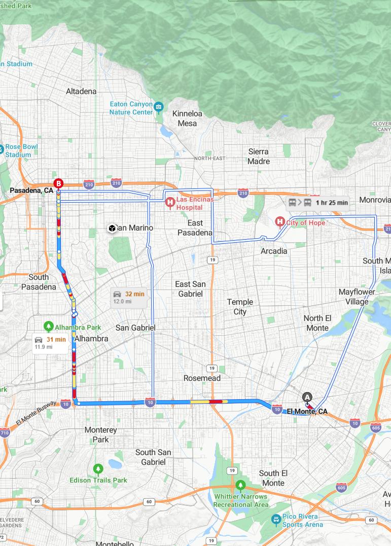 driving from El Monte, California to PasadenaCalifornia - map and route