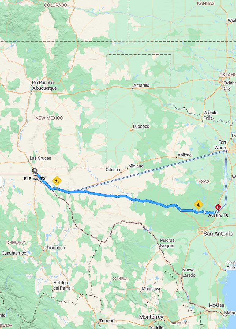 driving from El Paso, Texas to AustinTexas - map and route
