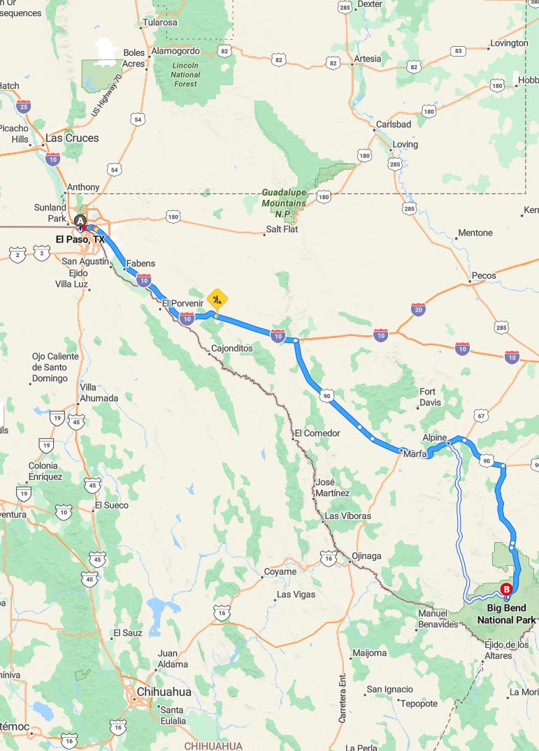 driving from El Paso, Texas to Big BendTexas - map and route