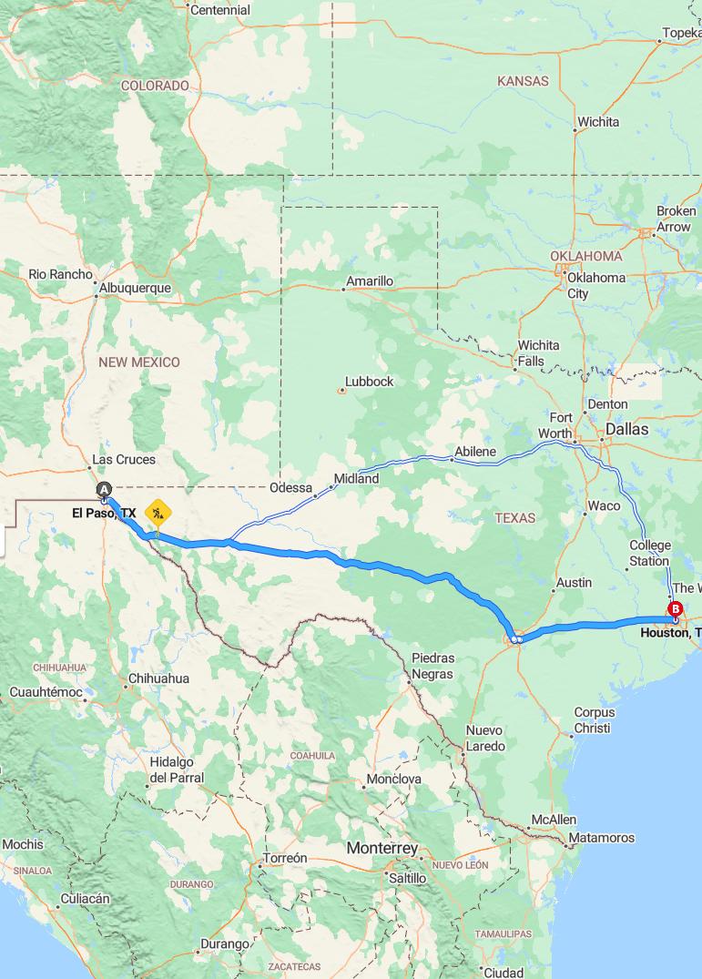 driving from El Paso, Texas to HoustonTexas - map and route