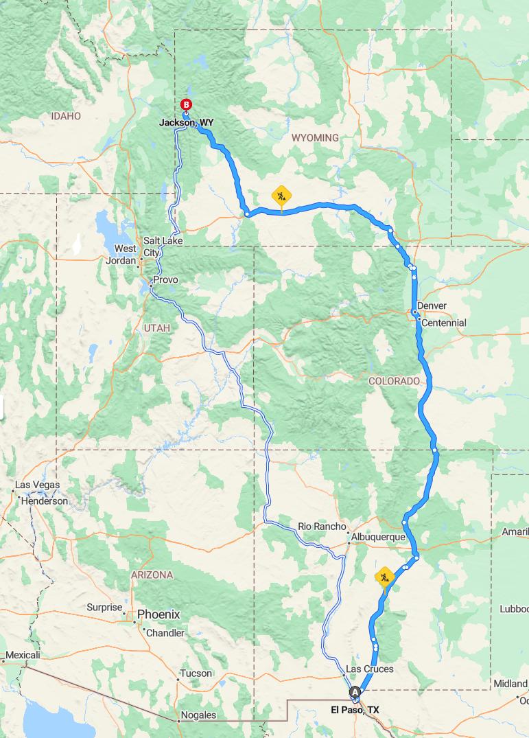 driving from El Paso, Texas to JacksonWyoming - map and route