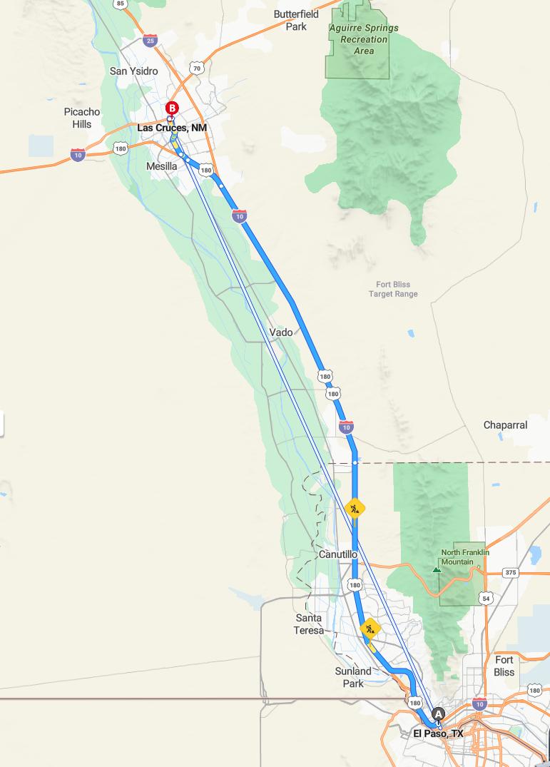 driving from El Paso, Texas to Las CrucesNew Mexico - map and route