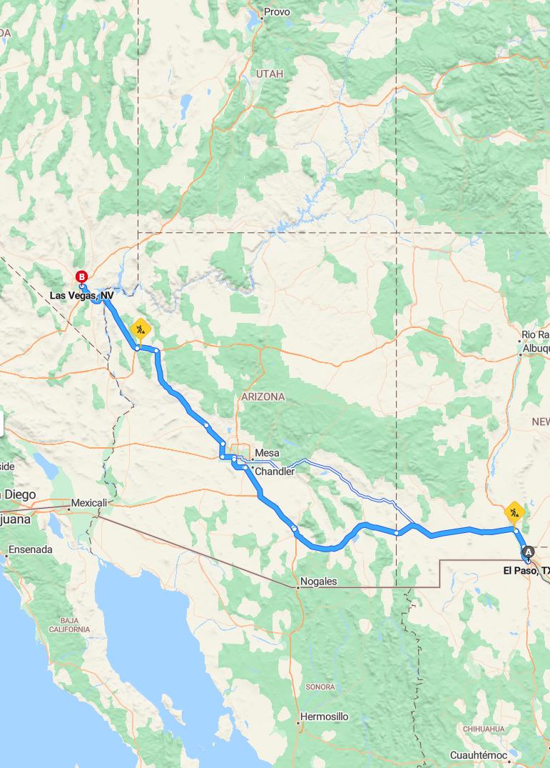driving from El Paso, Texas to Las VegasNevada - map and route