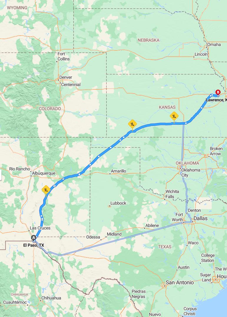 driving from El Paso, Texas to LawrenceKansas - map and route