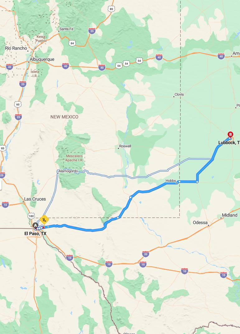 driving from El Paso, Texas to LubbockTexas - map and route