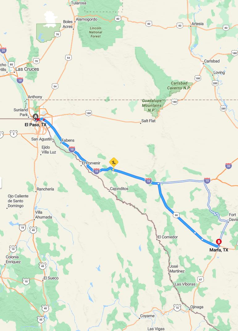 driving from El Paso, Texas to MarfaTexas - map and route