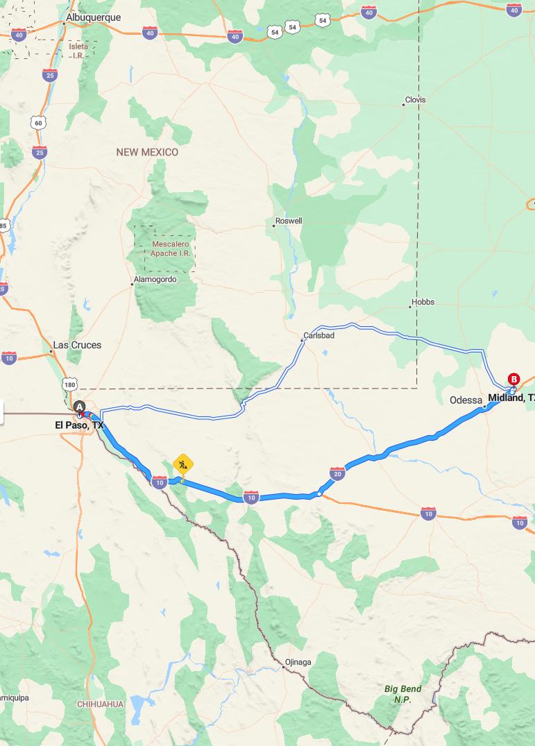 driving from El Paso, Texas to MidlandTexas - map and route
