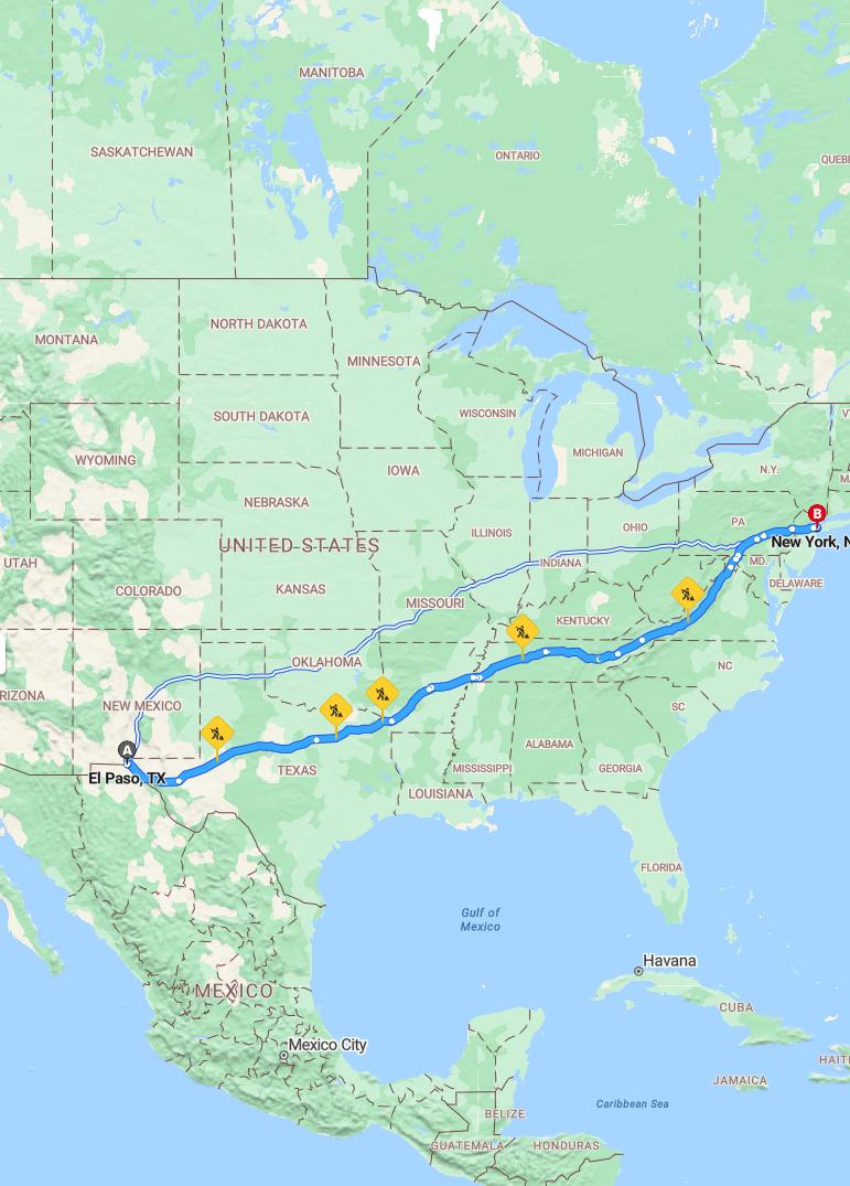 driving from El Paso, Texas to New York CityNew York - map and route