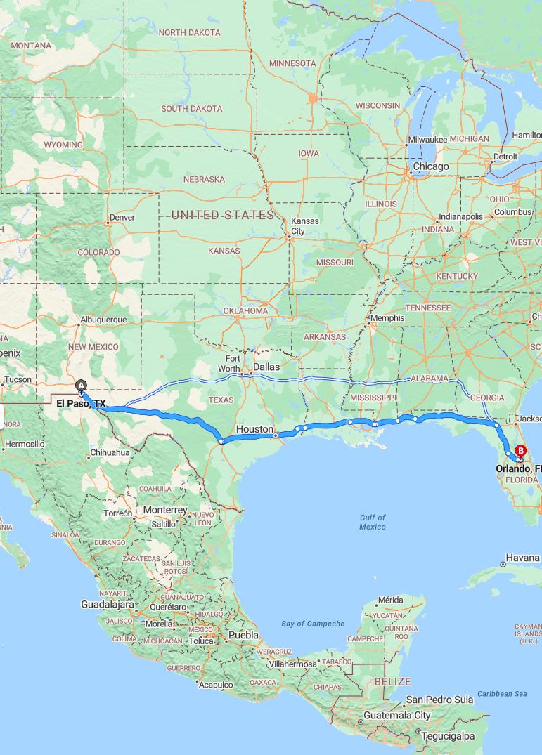 driving from El Paso, Texas to OrlandoFlorida - map and route