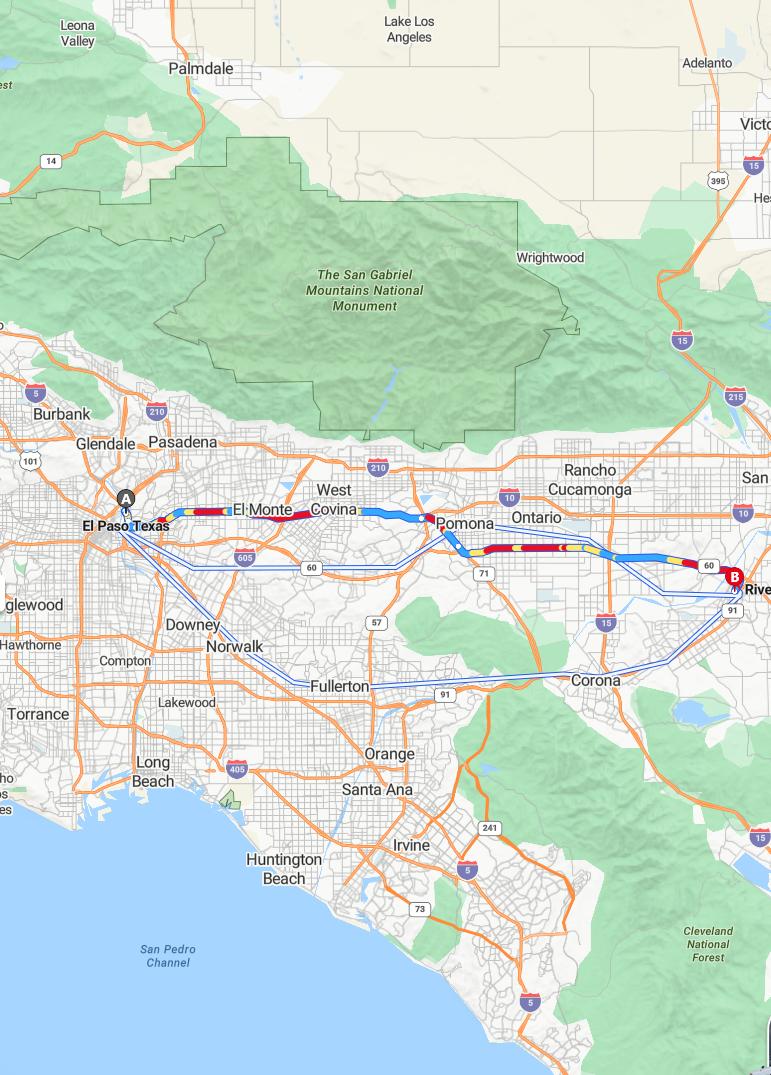 driving from El Paso, Texas to RiversideCalifornia - map and route